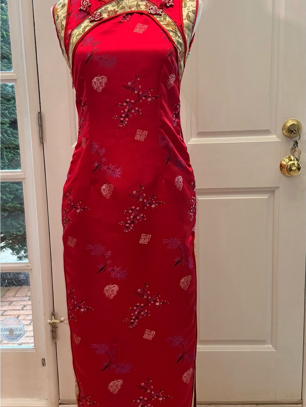 Red Satin Floral Maxi Dress with Gold Trim
